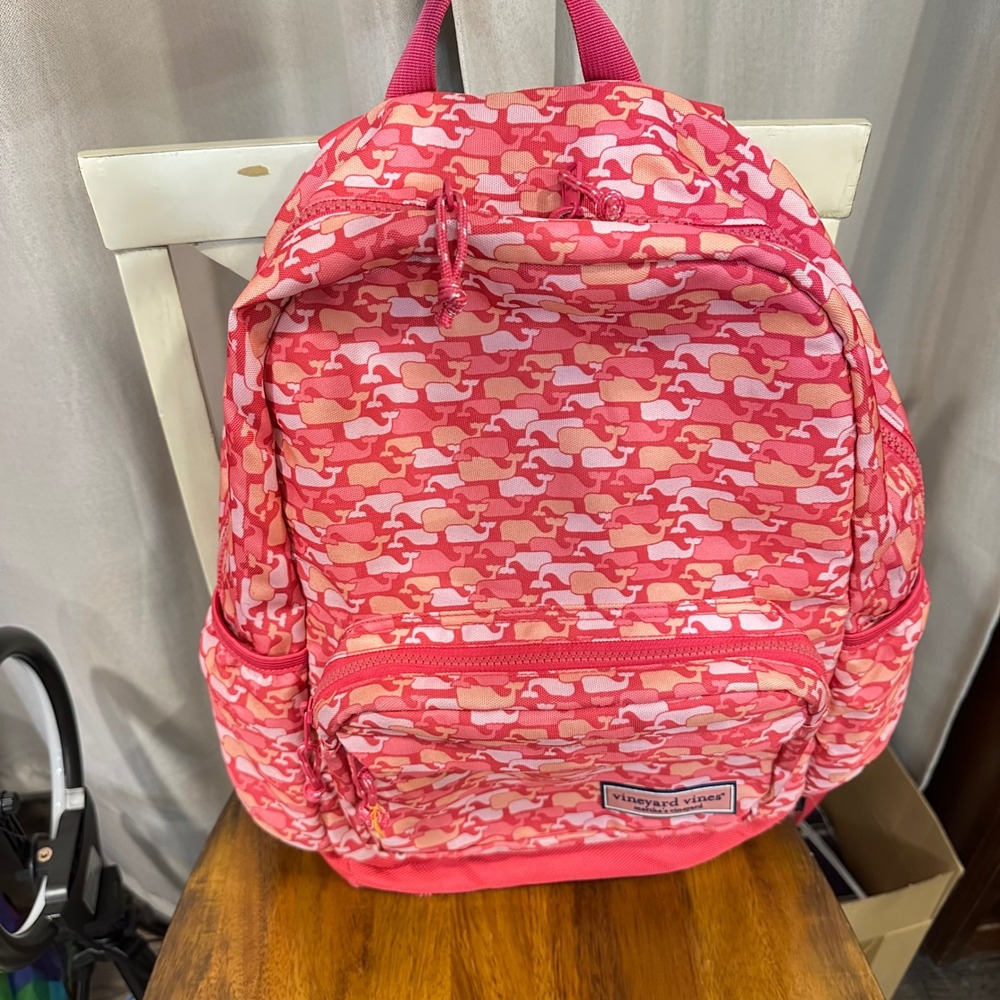 Vineyard Vines Backpack Women Pink Whale Print Canvas School Travel Bag OS FLAWS